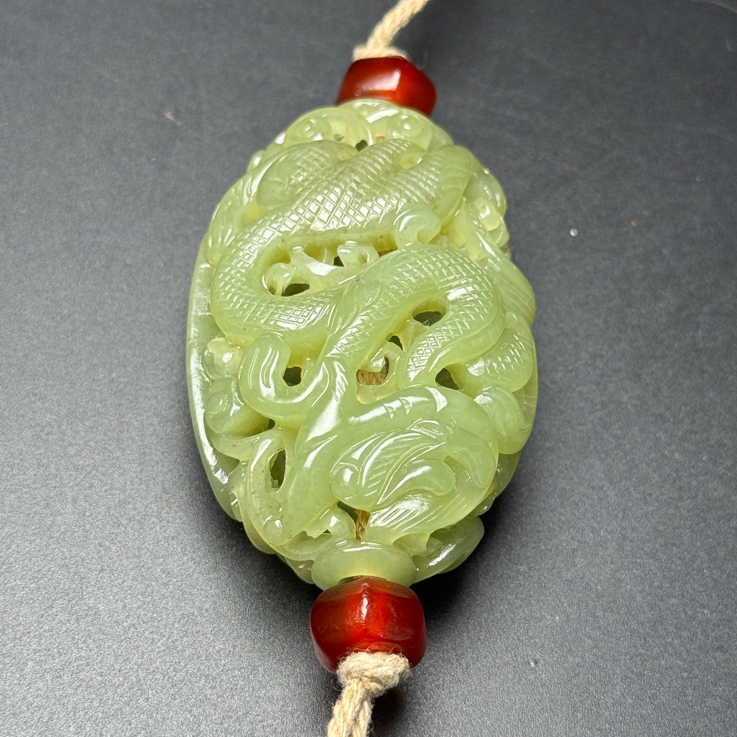 A1235 Openwork Chinese Hetian Jade Carved Fortune Dragon Sachet Pendant