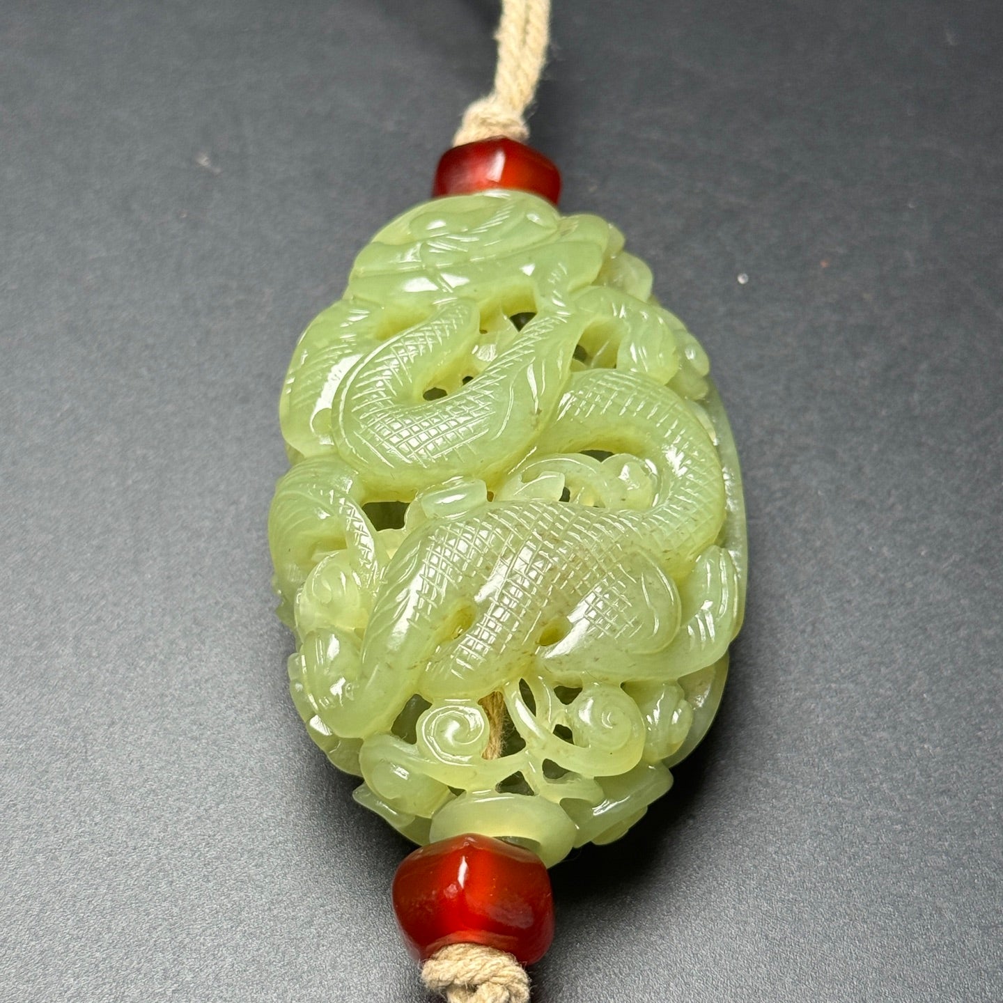 A1235 Openwork Chinese Hetian Jade Carved Fortune Dragon Sachet Pendant