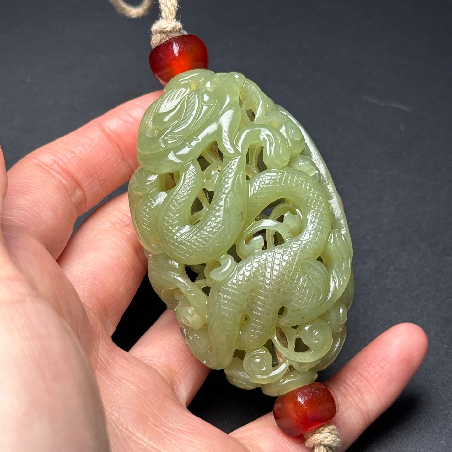 A1235 Openwork Chinese Hetian Jade Carved Fortune Dragon Sachet Pendant
