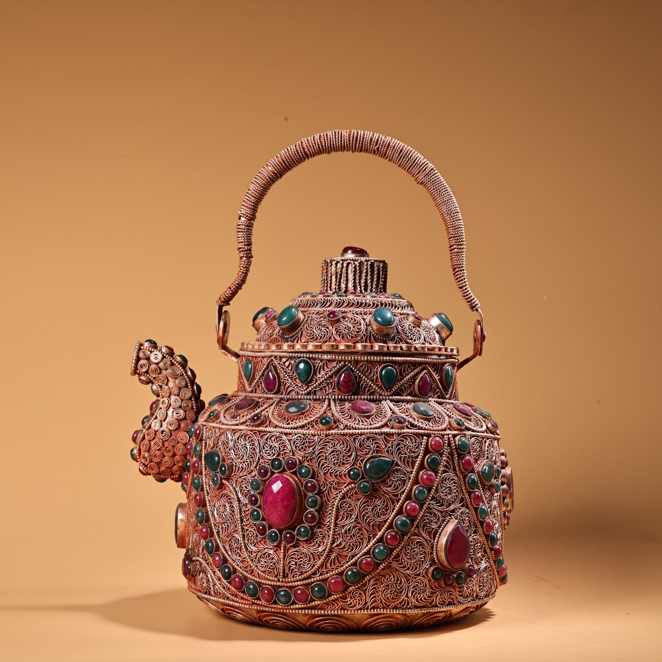 A1238 Tibetan Silver Wires Inlay Gems Handle Teapot