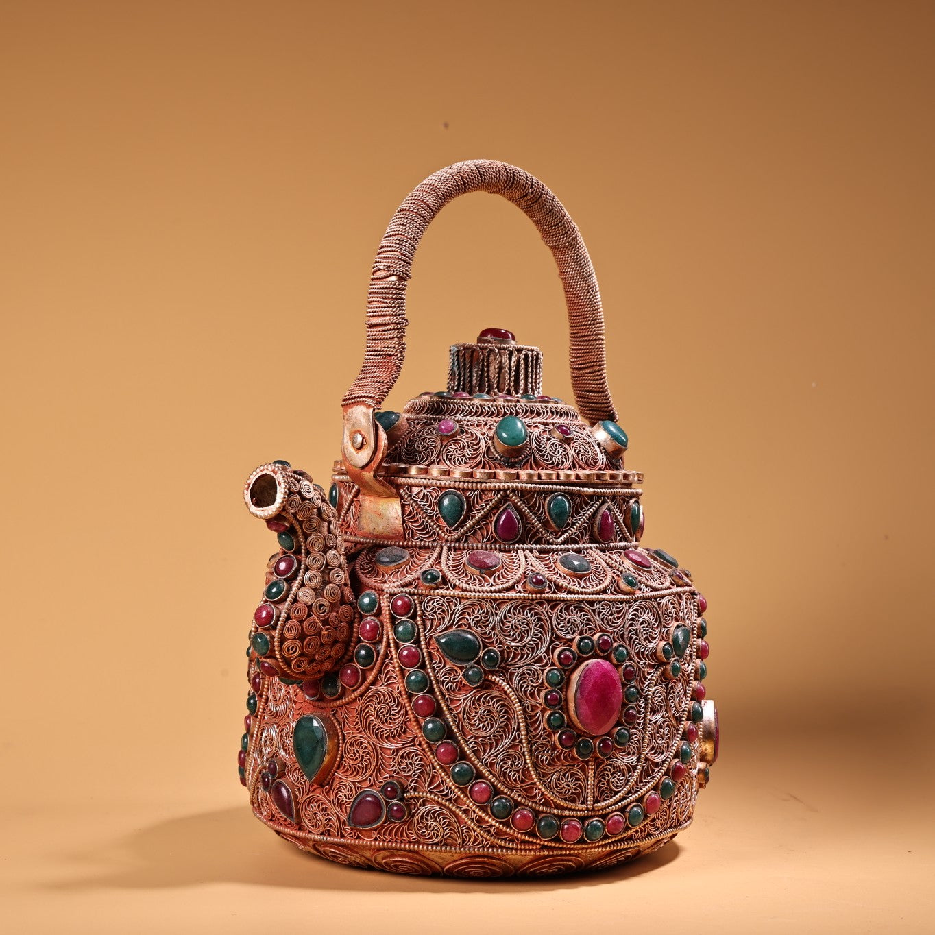 A1238 Tibetan Silver Wires Inlay Gems Handle Teapot