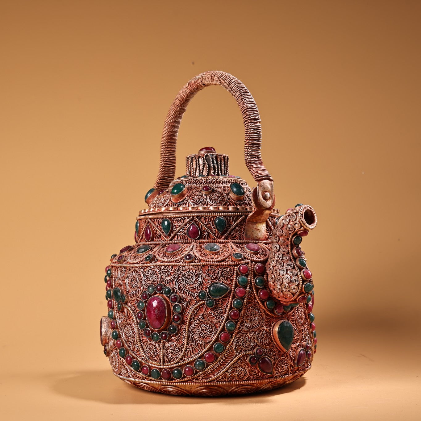 A1238 Tibetan Silver Wires Inlay Gems Handle Teapot