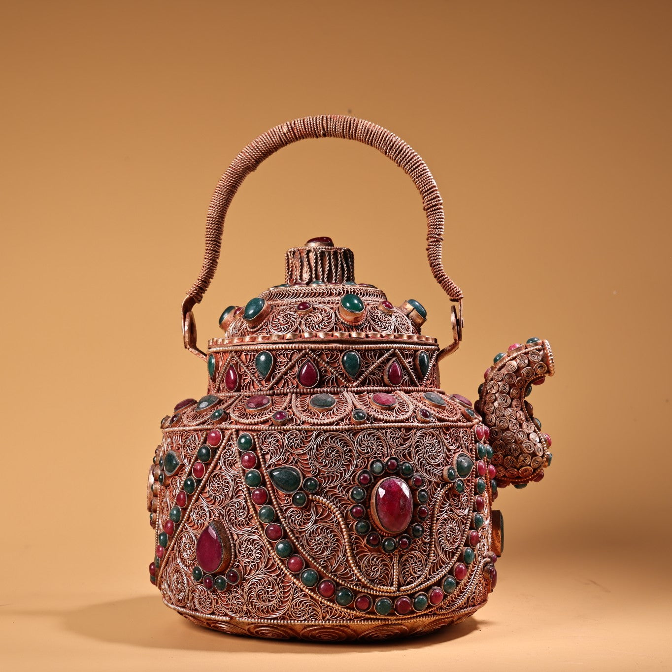 A1238 Tibetan Silver Wires Inlay Gems Handle Teapot