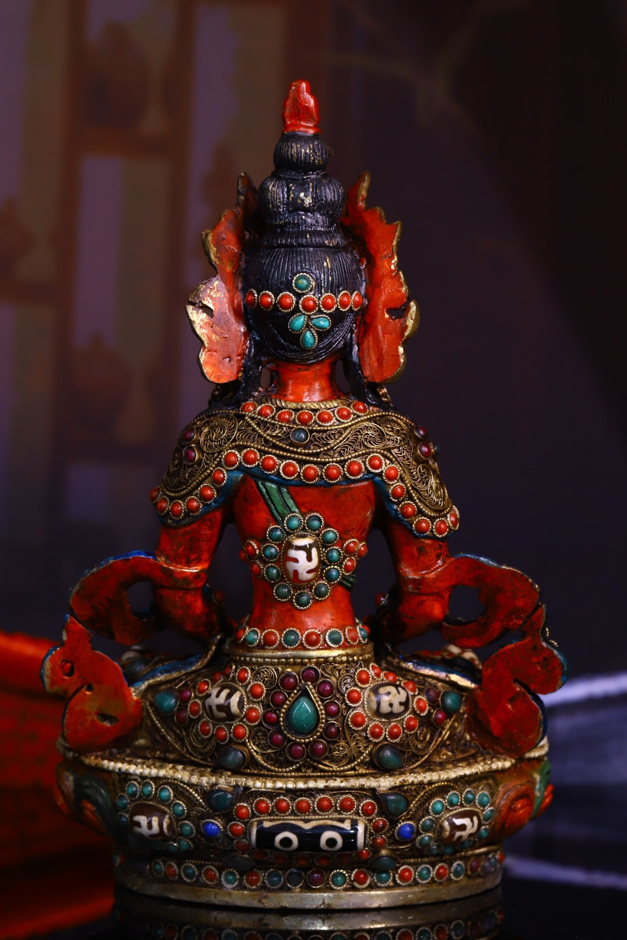 A1244 Tibetan Buddhism Gilt Gold Copper Inlay DZI Agate & Gem Amitayus Statue