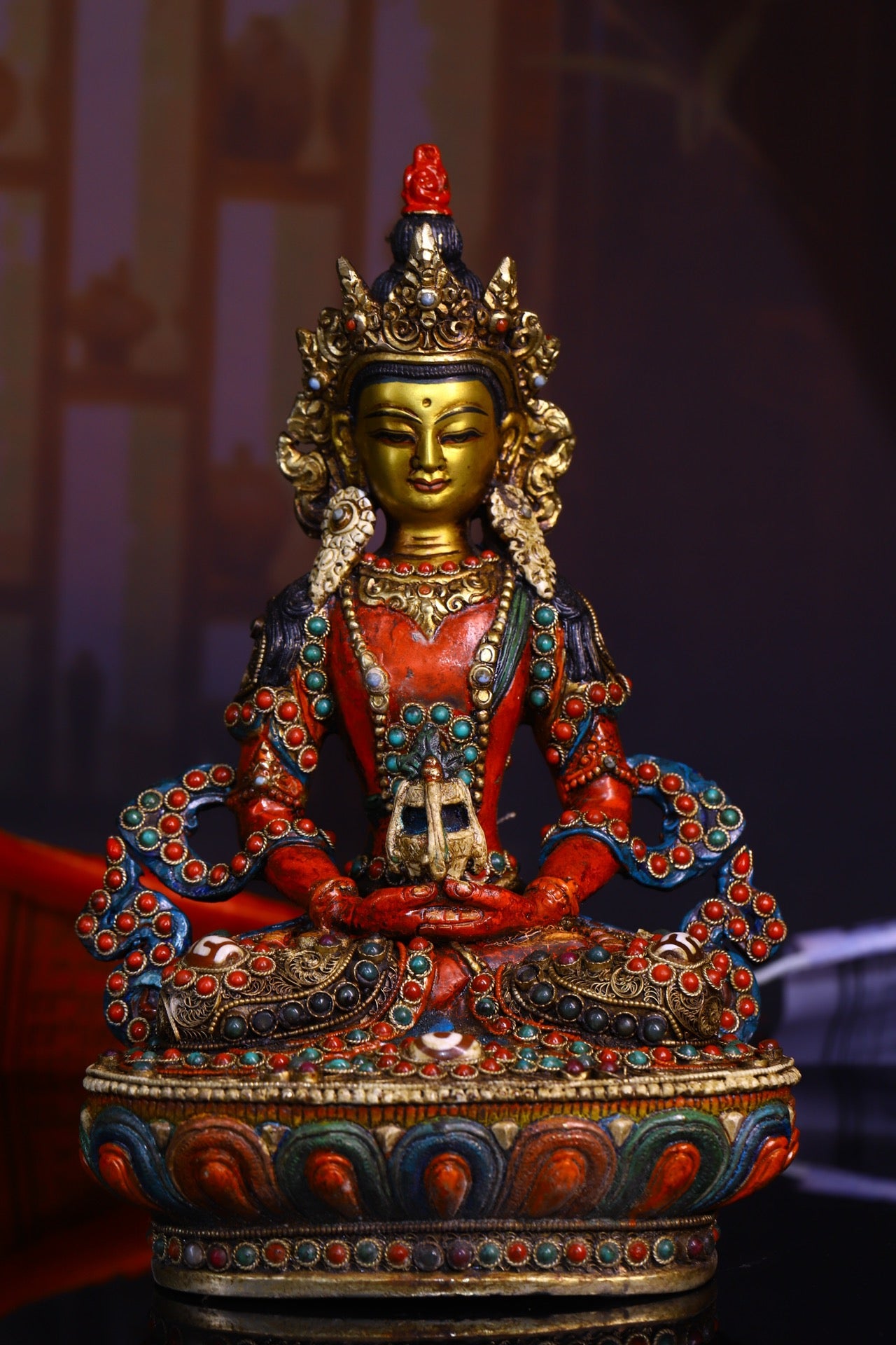 A1244 Tibetan Buddhism Gilt Gold Copper Inlay DZI Agate & Gem Amitayus Statue