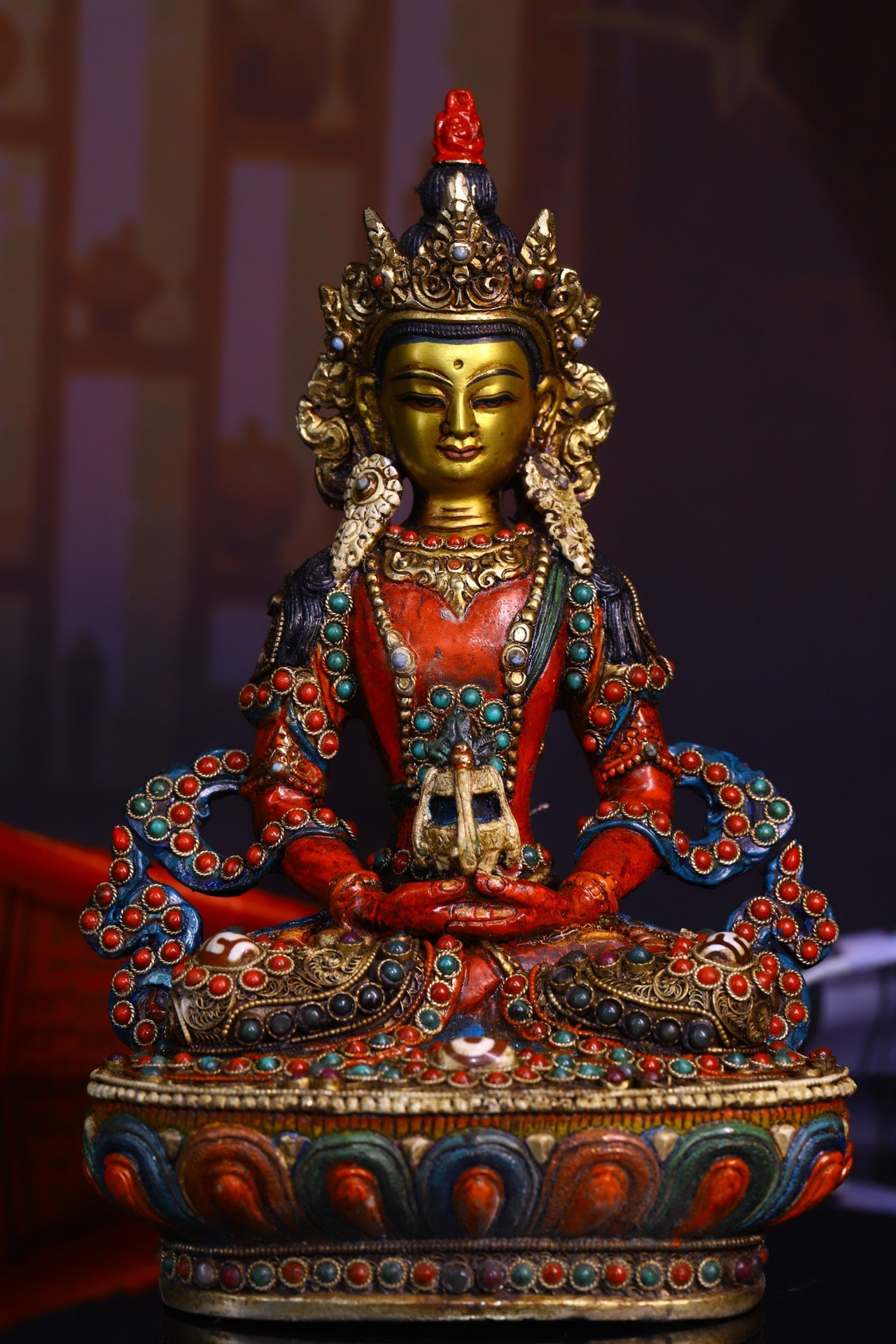 A1244 Tibetan Buddhism Gilt Gold Copper Inlay DZI Agate & Gem Amitayus Statue