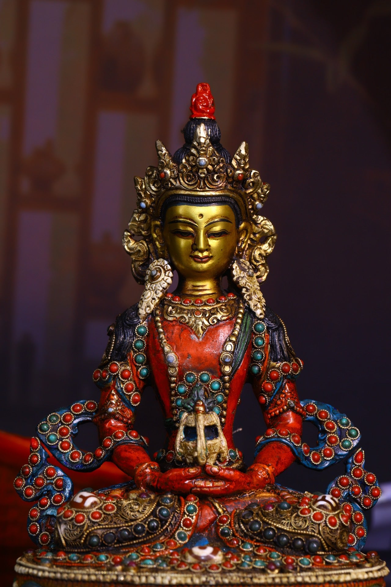 A1244 Tibetan Buddhism Gilt Gold Copper Inlay DZI Agate & Gem Amitayus Statue