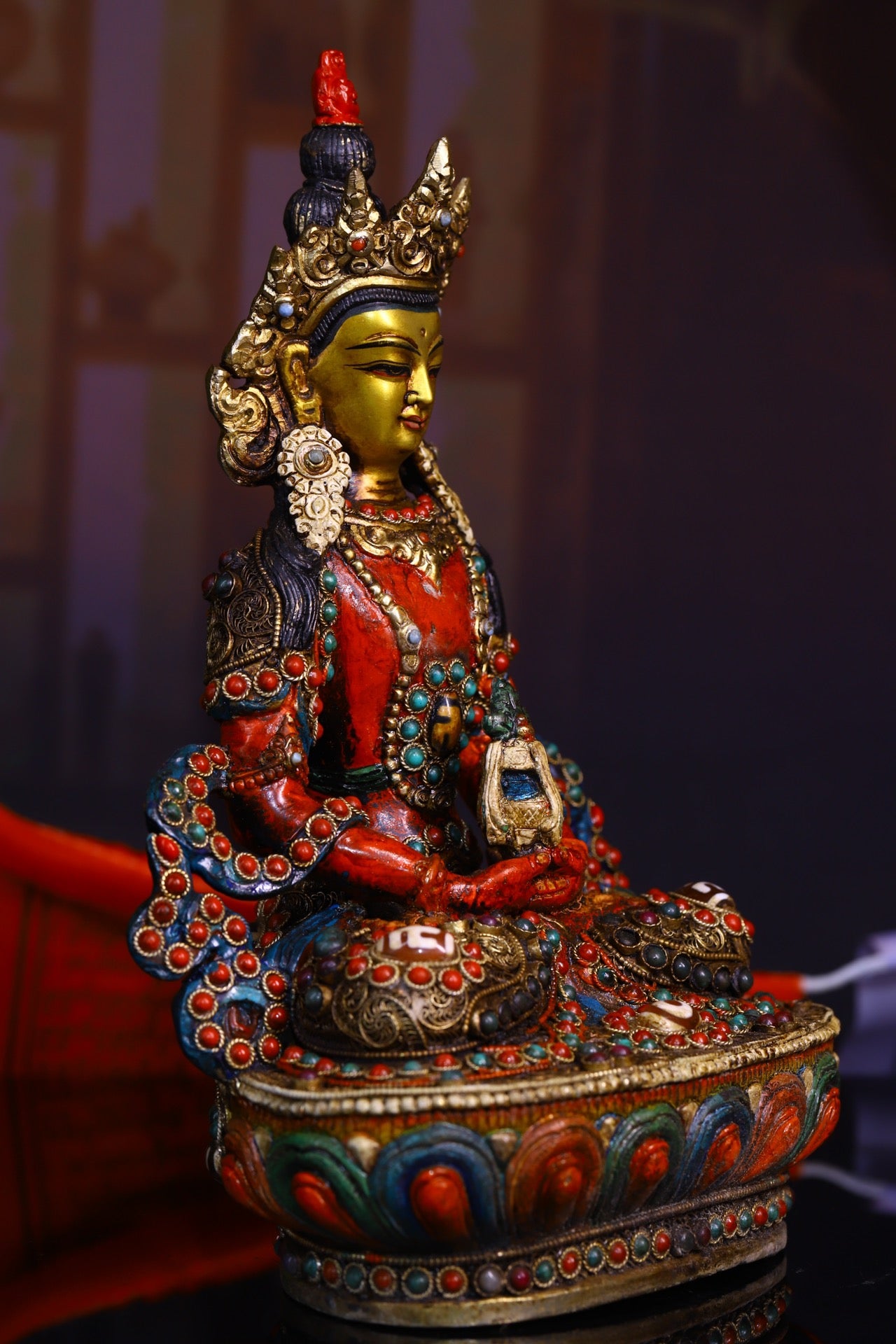 A1244 Tibetan Buddhism Gilt Gold Copper Inlay DZI Agate & Gem Amitayus Statue
