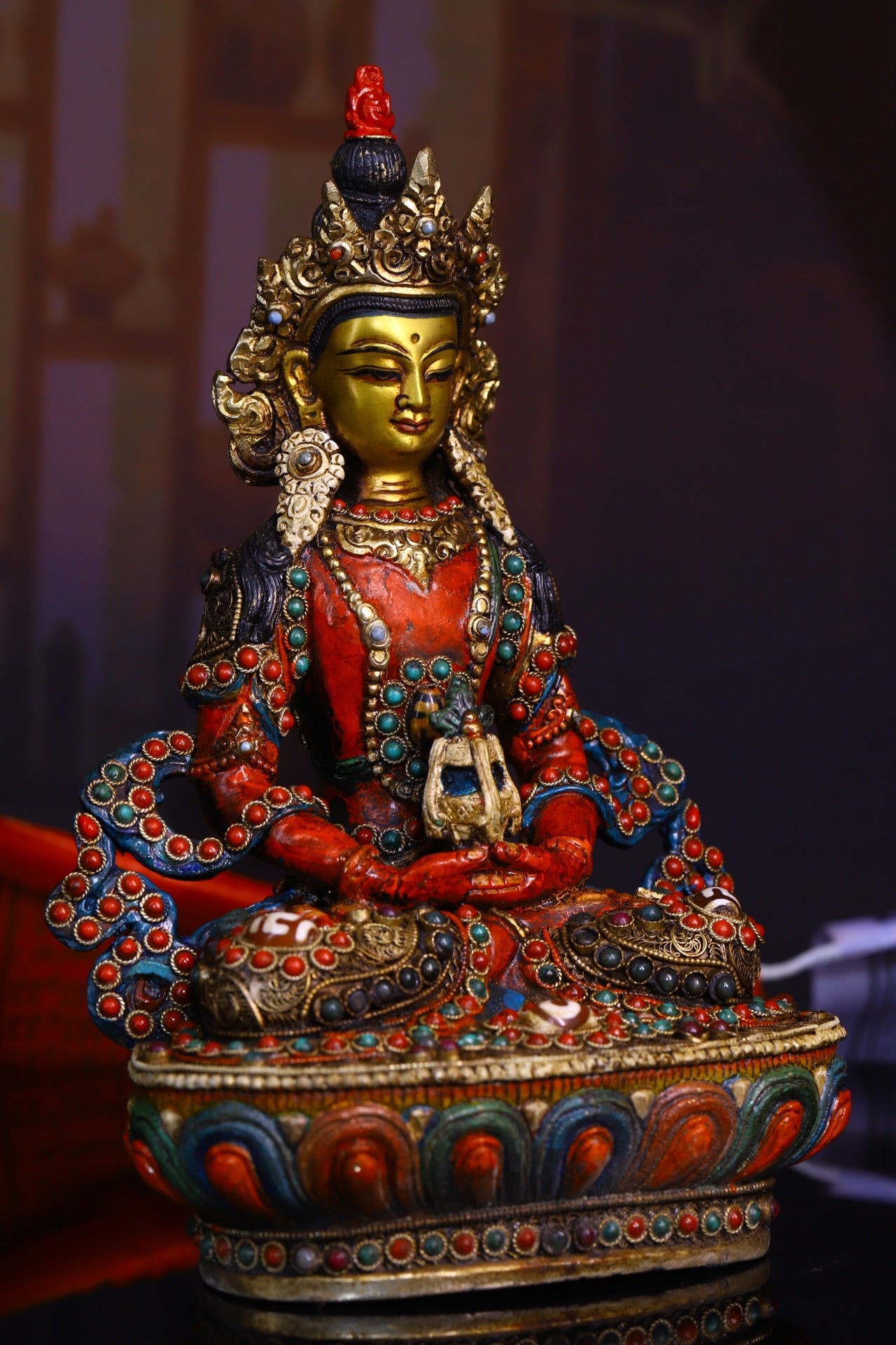 A1244 Tibetan Buddhism Gilt Gold Copper Inlay DZI Agate & Gem Amitayus Statue