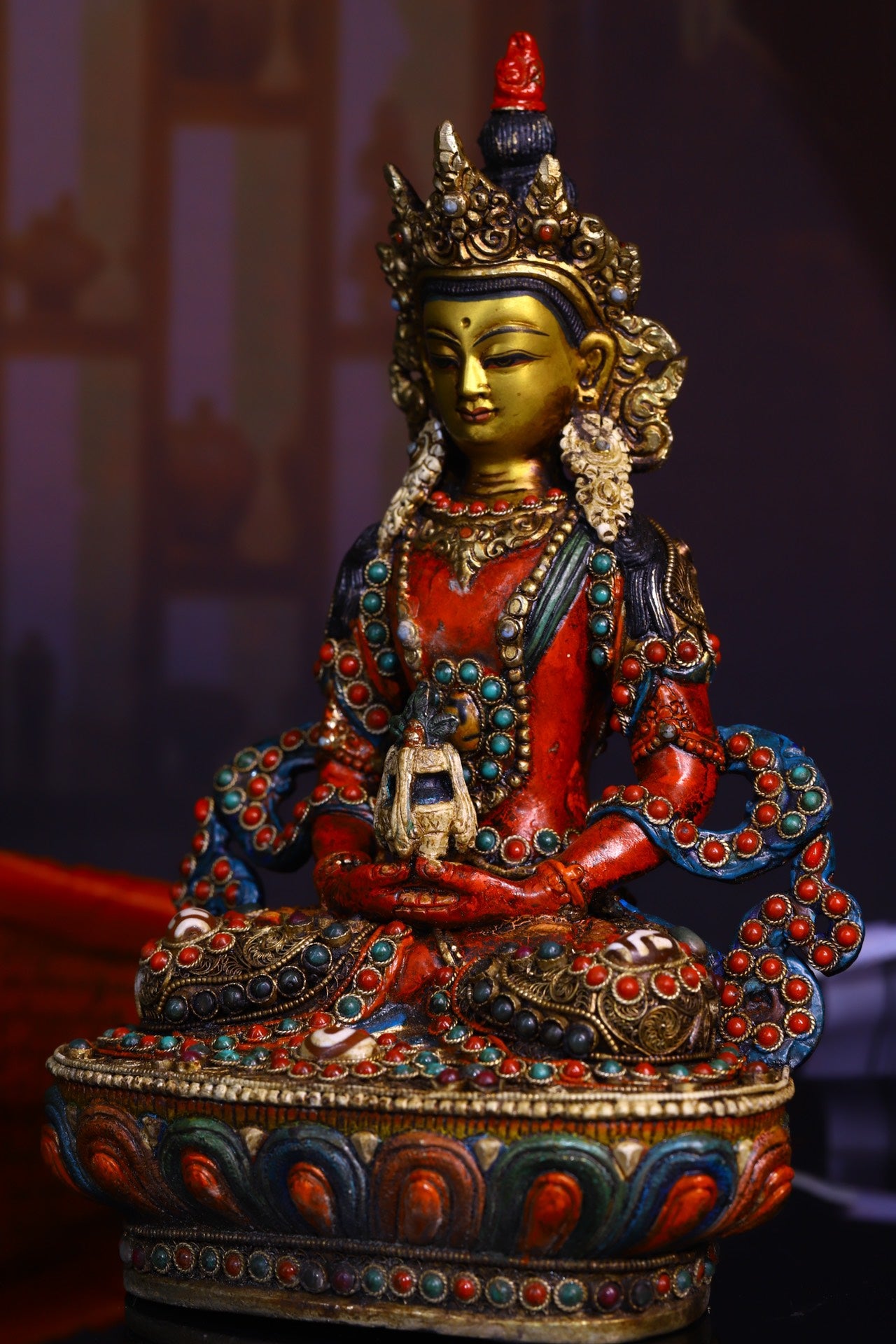 A1244 Tibetan Buddhism Gilt Gold Copper Inlay DZI Agate & Gem Amitayus Statue