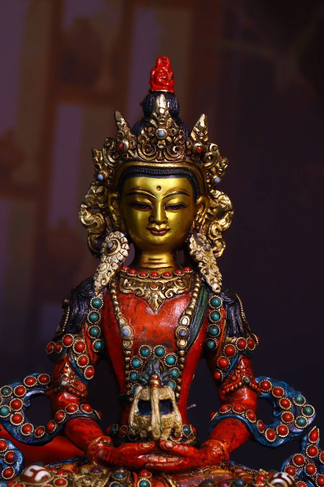 A1244 Tibetan Buddhism Gilt Gold Copper Inlay DZI Agate & Gem Amitayus Statue