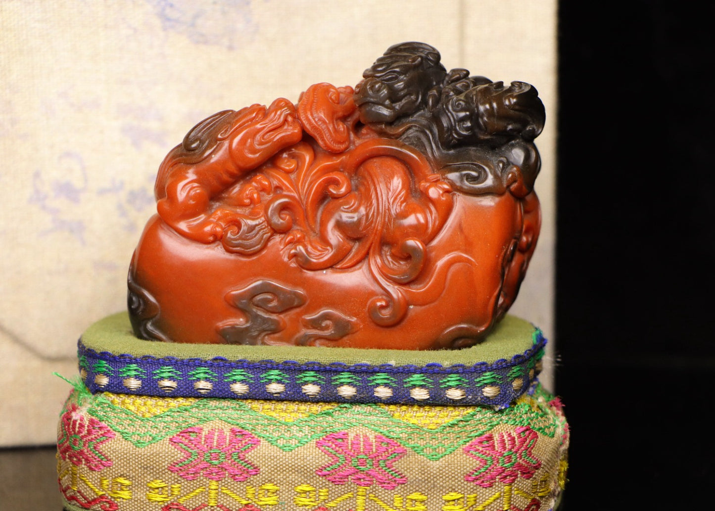 A1245 Superb Old Chinese Shoushan Stone Carved Chi Dragon Statue w Box