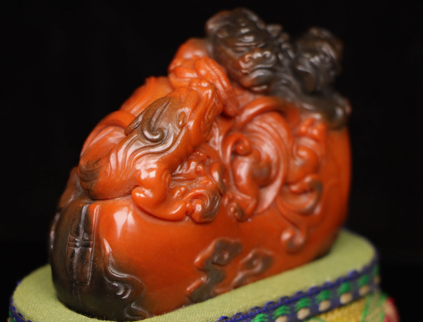 A1245 Superb Old Chinese Shoushan Stone Carved Chi Dragon Statue w Box