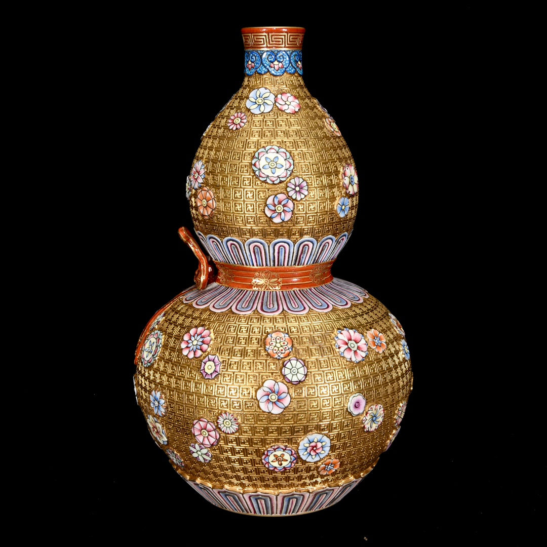 A1246 Chinese Qing Dynasty Gilt Gold Enamel Gourd Shape Porcelain Vase