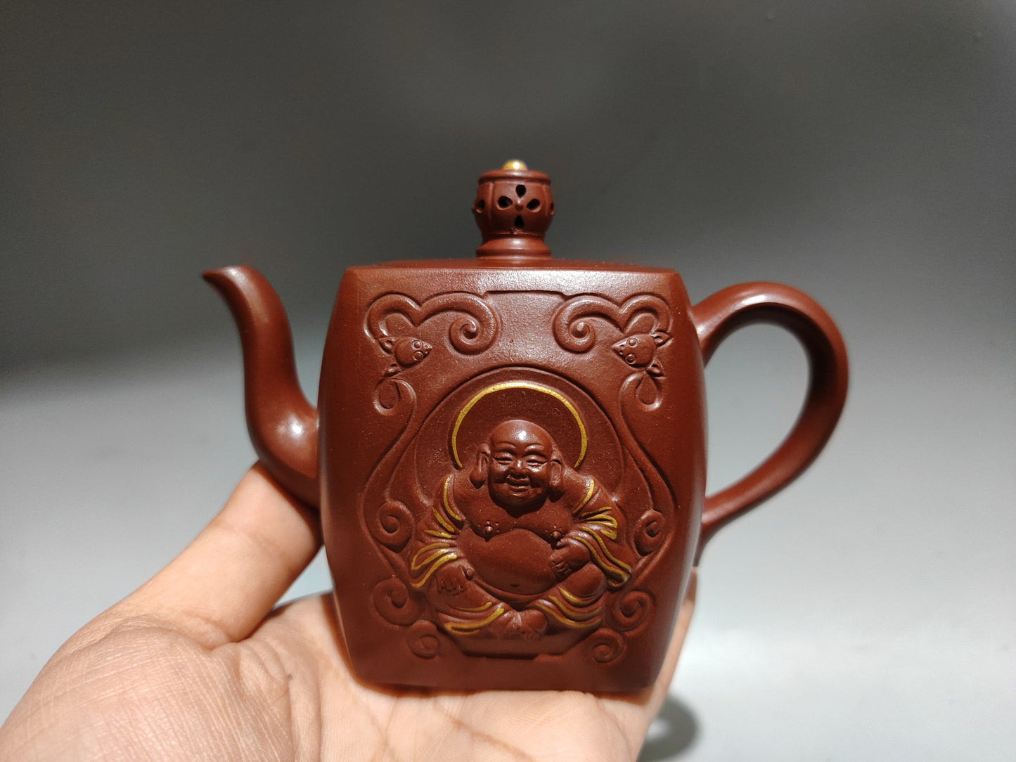A1247 Chinese Yixing Zisha Clay Laughing Buddha Teapot w Artist Signed