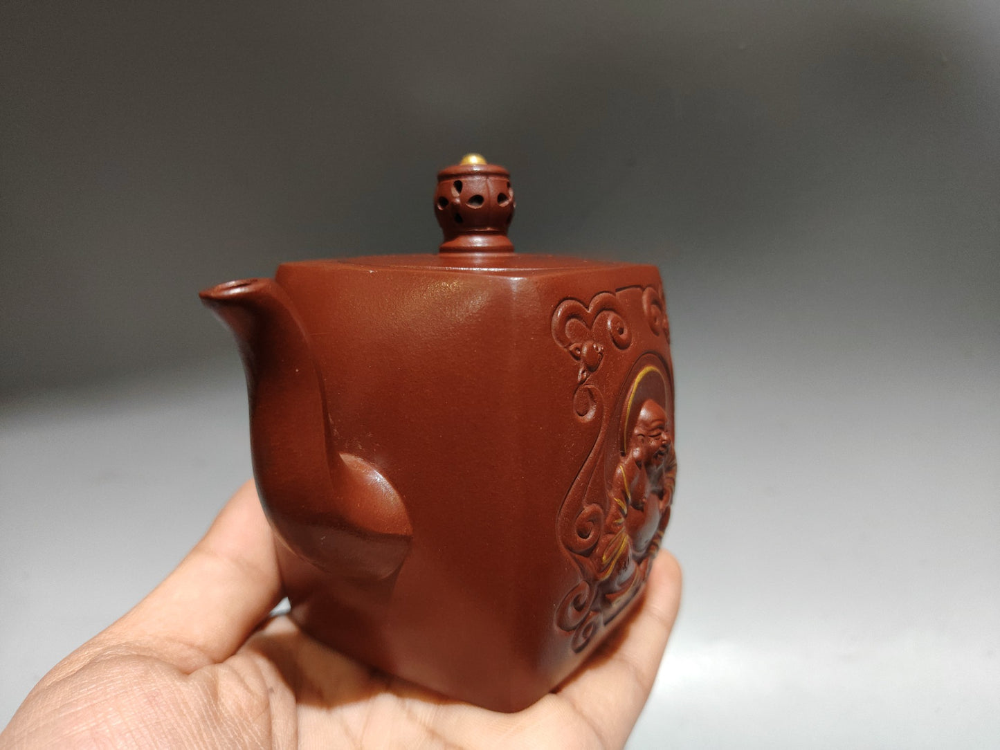 A1247 Chinese Yixing Zisha Clay Laughing Buddha Teapot w Artist Signed