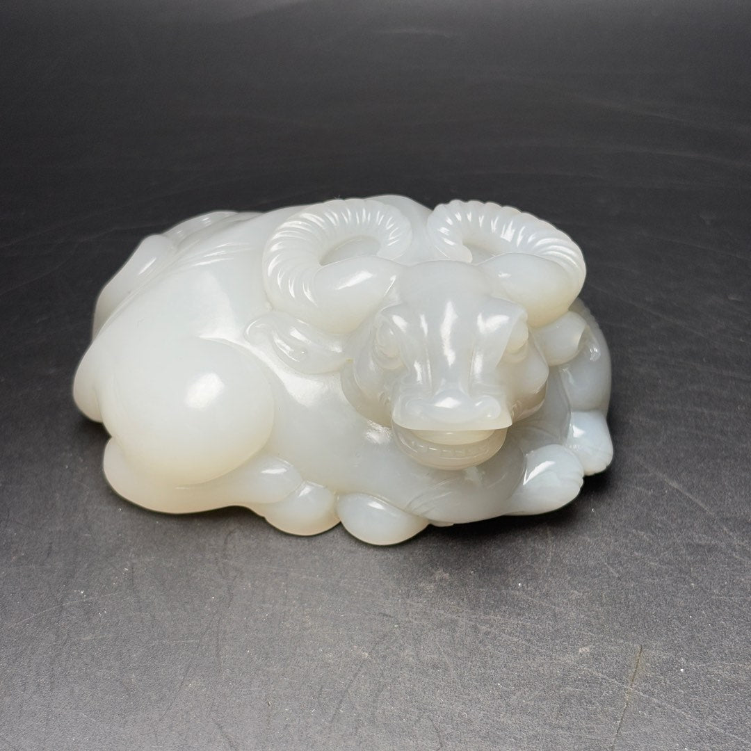 A1248 Superb Chinese Hetian Jade Carved Fortune Ox Statue