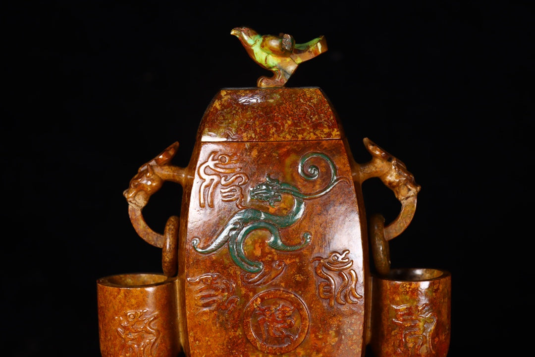A1249 Vintage Chinese Hetian Jade Double Ring Dragon Vase