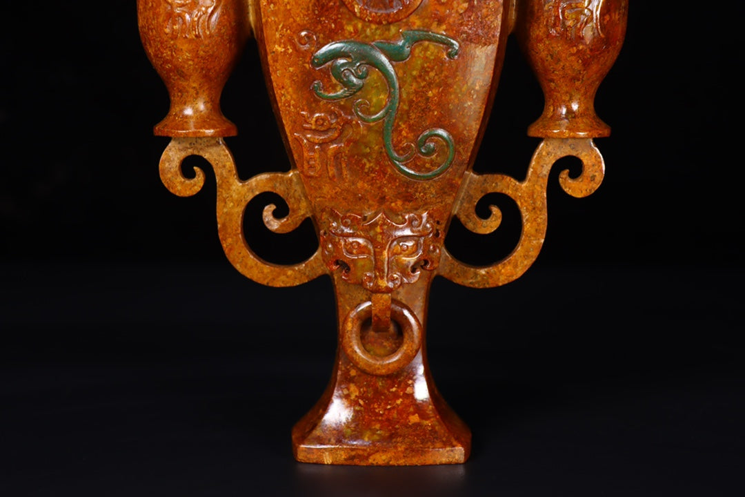 A1249 Vintage Chinese Hetian Jade Double Ring Dragon Vase