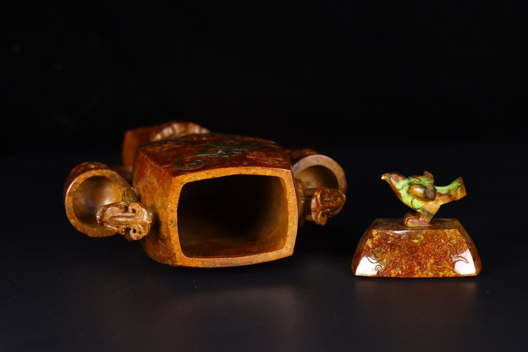 A1249 Vintage Chinese Hetian Jade Double Ring Dragon Vase