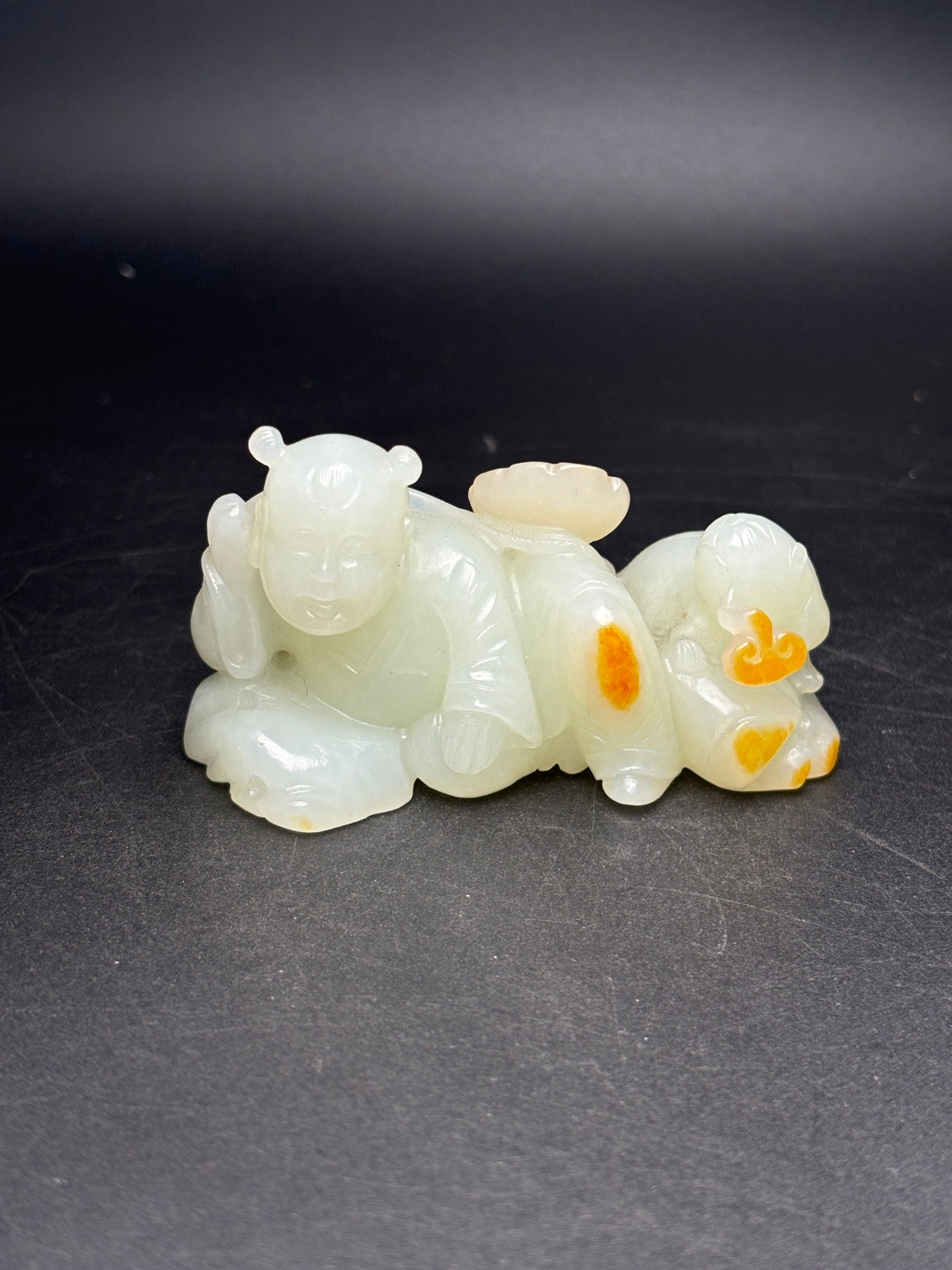 A1252 Superb Chinese Hetian Jade Carved Kid Statue