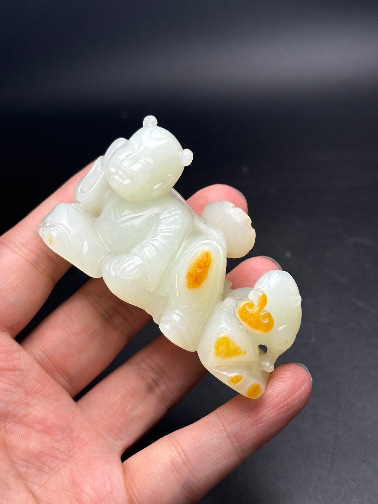 A1252 Superb Chinese Hetian Jade Carved Kid Statue