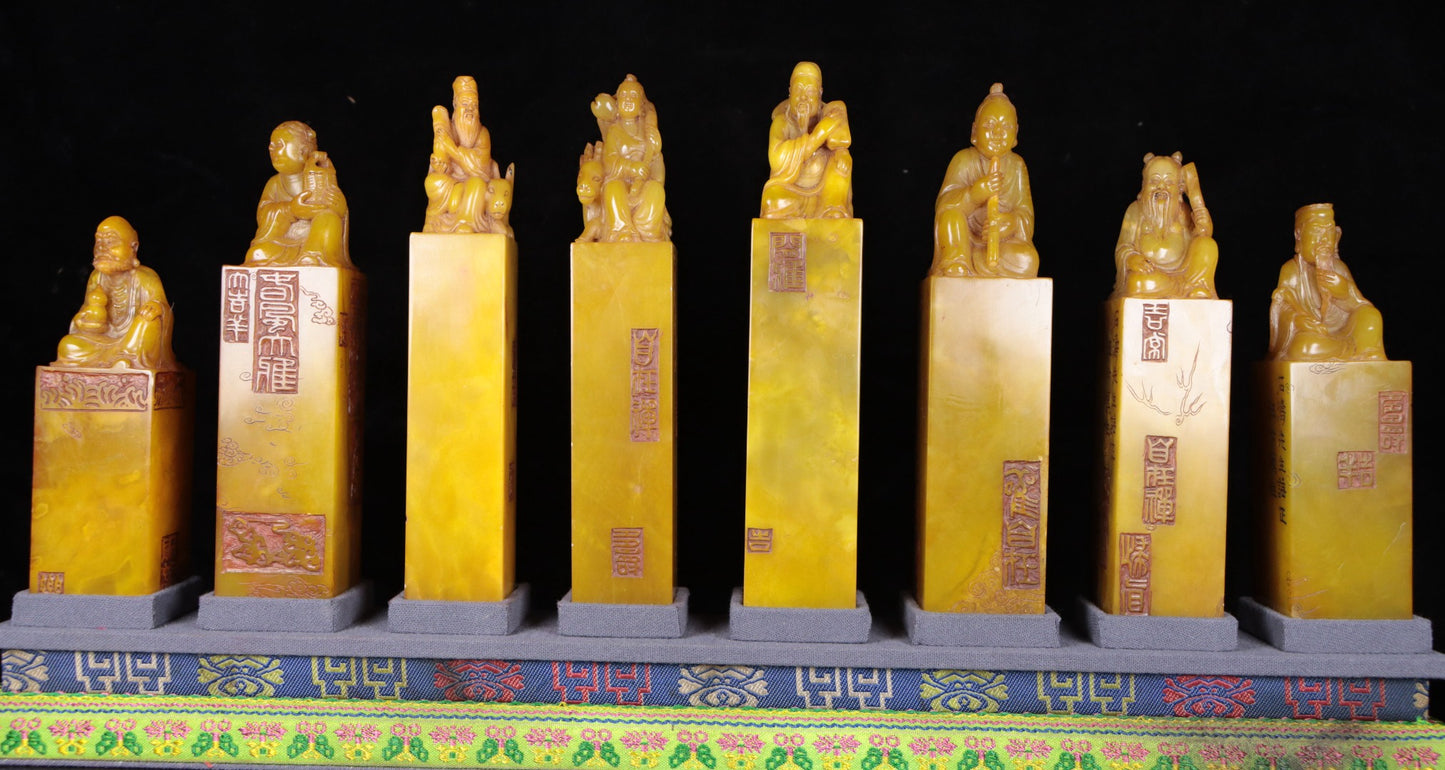 A1254 A Set Vintage Chinese Shoushan Tianhuang Stone Carved Eight Taoism Deity Seals