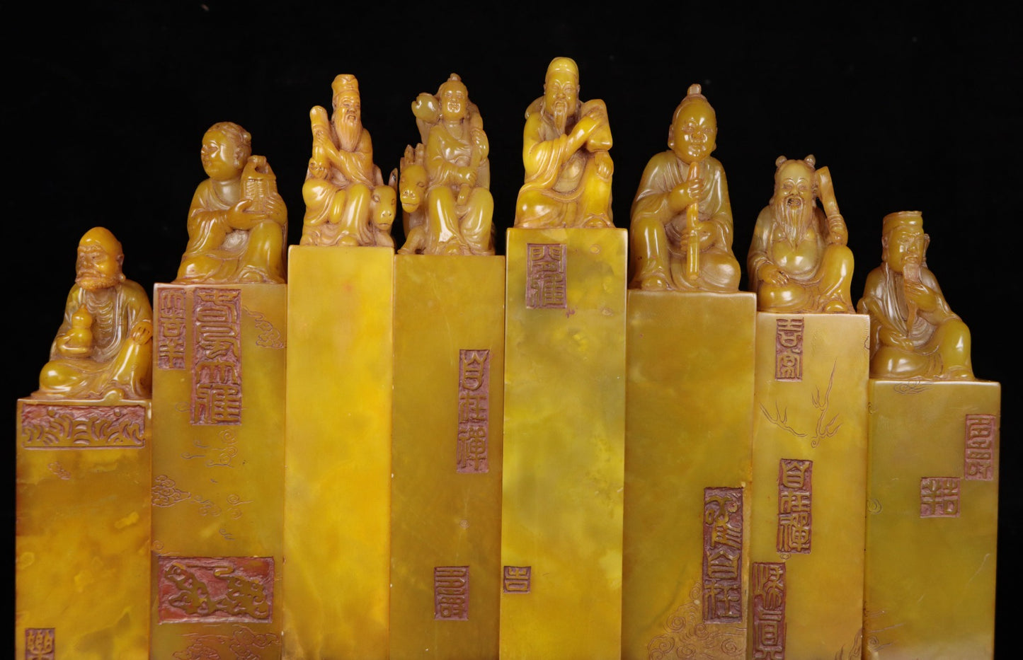 A1254 A Set Vintage Chinese Shoushan Tianhuang Stone Carved Eight Taoism Deity Seals