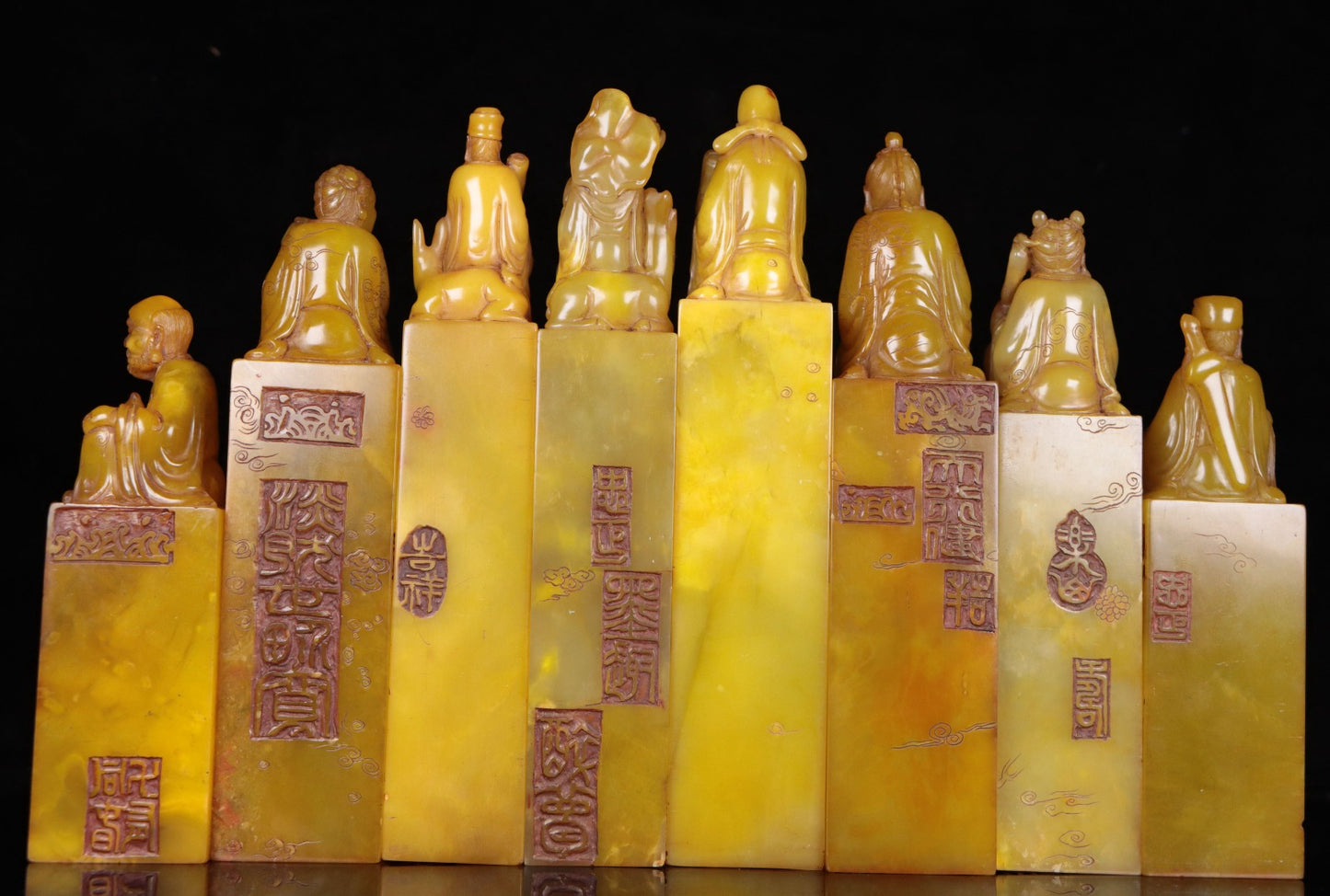 A1254 A Set Vintage Chinese Shoushan Tianhuang Stone Carved Eight Taoism Deity Seals