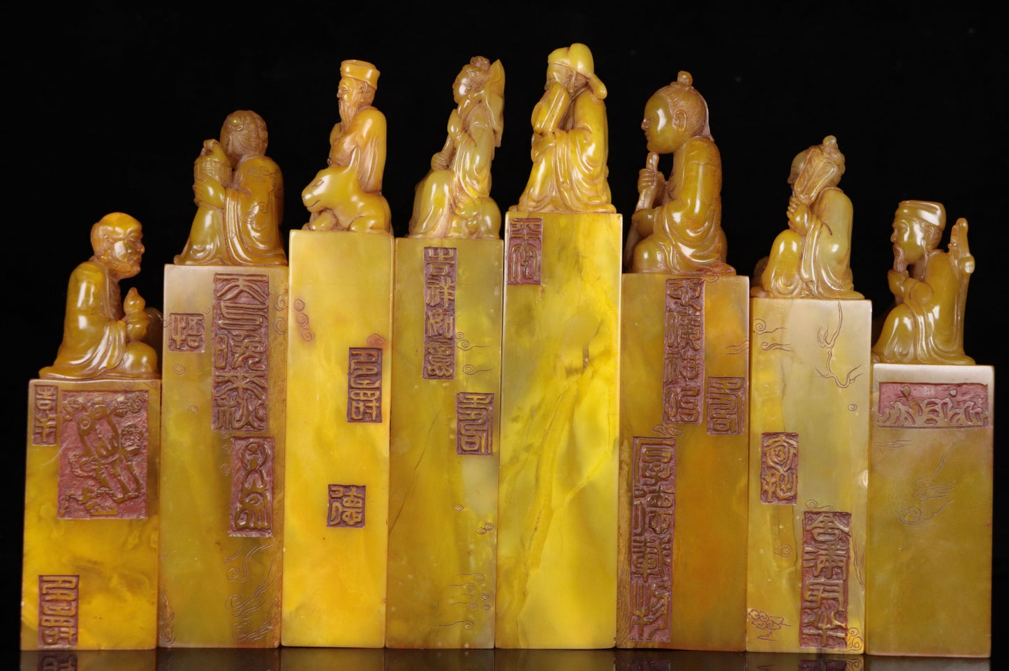 A1254 A Set Vintage Chinese Shoushan Tianhuang Stone Carved Eight Taoism Deity Seals
