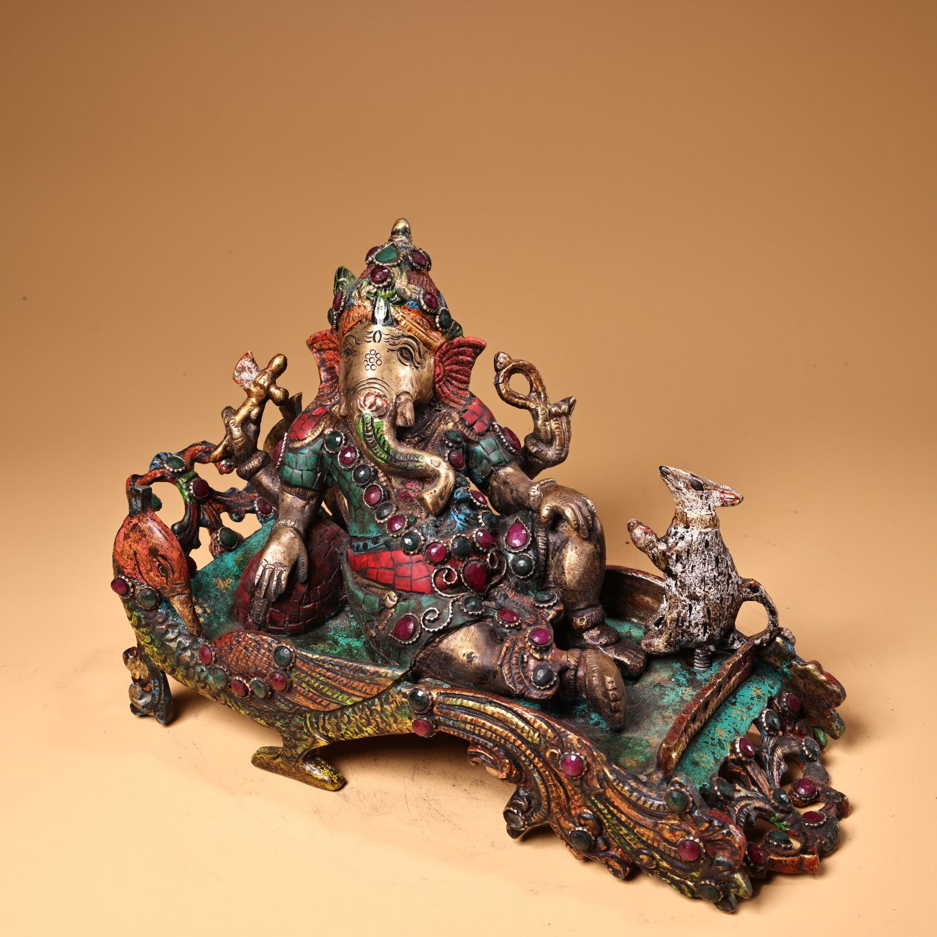 A1260 Tibetan Buddhism Gilt Gold Copper Inlay Turquoise & Gems Ganesha Buddha Statue