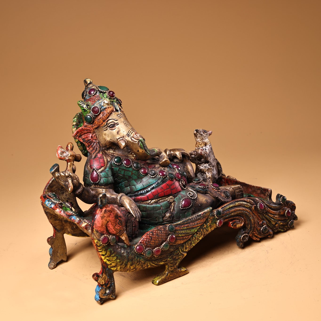 A1260 Tibetan Buddhism Gilt Gold Copper Inlay Turquoise & Gems Ganesha Buddha Statue