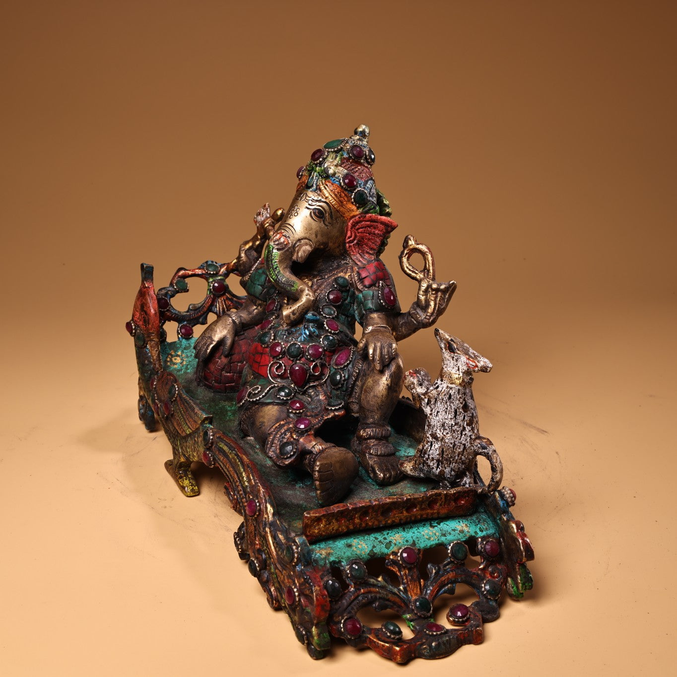 A1260 Tibetan Buddhism Gilt Gold Copper Inlay Turquoise & Gems Ganesha Buddha Statue