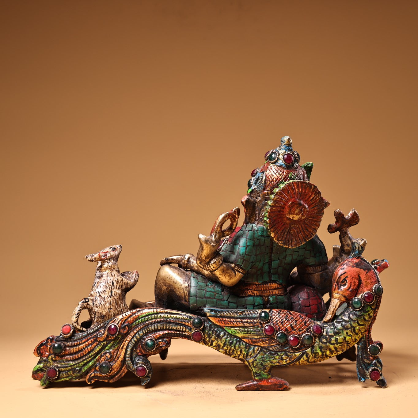 A1260 Tibetan Buddhism Gilt Gold Copper Inlay Turquoise & Gems Ganesha Buddha Statue