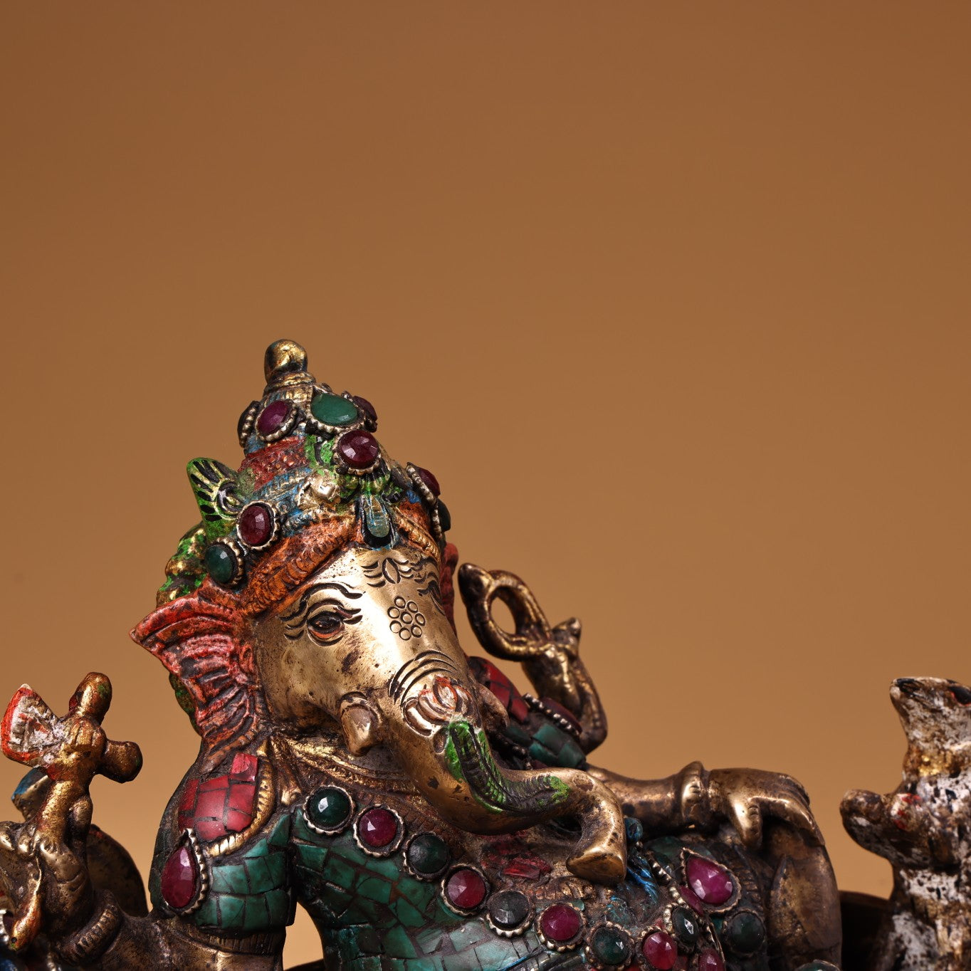 A1260 Tibetan Buddhism Gilt Gold Copper Inlay Turquoise & Gems Ganesha Buddha Statue