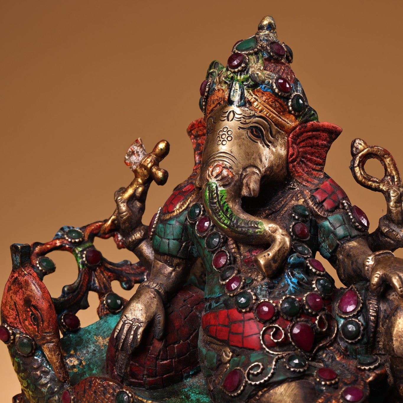 A1260 Tibetan Buddhism Gilt Gold Copper Inlay Turquoise & Gems Ganesha Buddha Statue