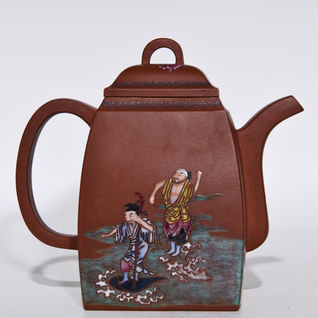 A1261 Chinese Famille Rose Yixing Zisha Clay Figure Design Teapot w Artist Signed