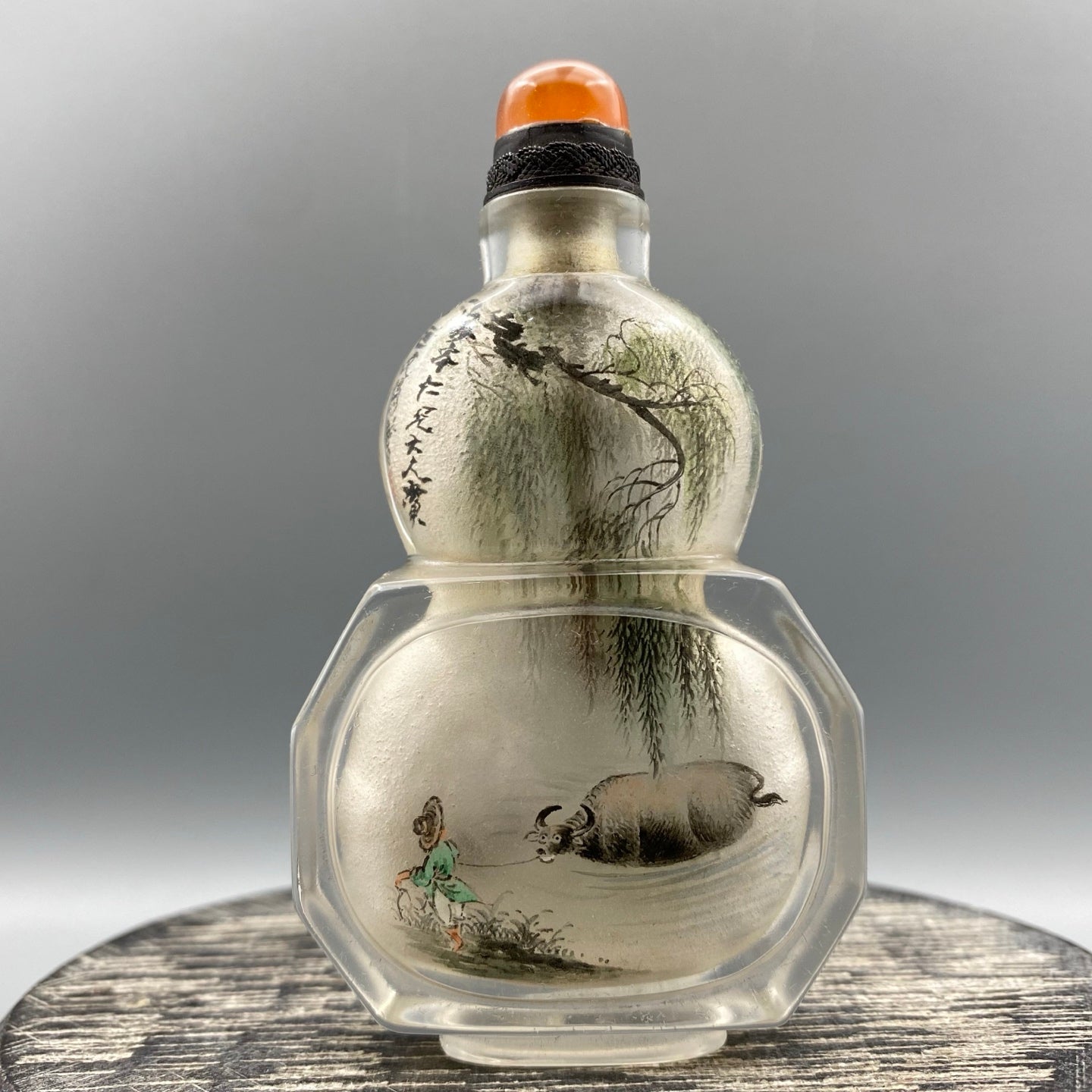 A1263 Old Chinese Peking Glass Inside Painting Fortune Ox & Figure Design Snuff Bottle w Stopper
