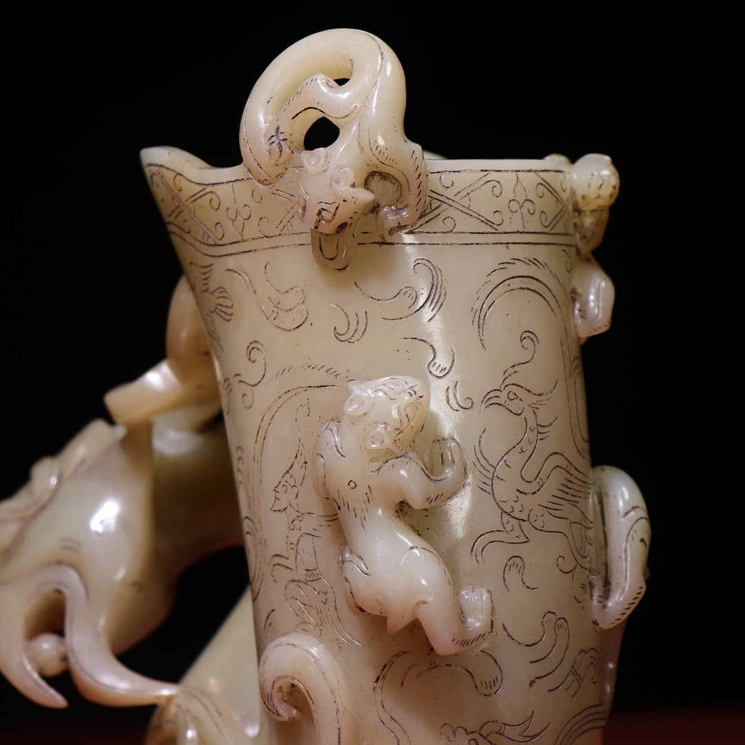 A1269 Superb Chinese Hetian Jade Carved Phoenix Wine Cup