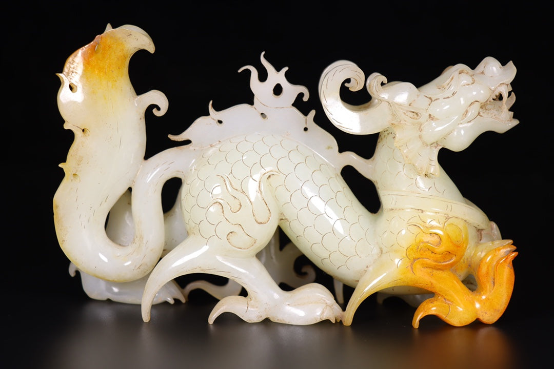 A1276 A Pair Chinese Hetian Jade Carved Fortune Dragon Statues