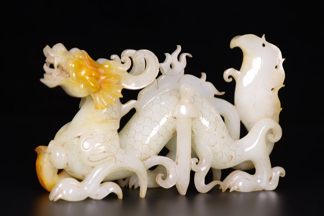 A1276 A Pair Chinese Hetian Jade Carved Fortune Dragon Statues