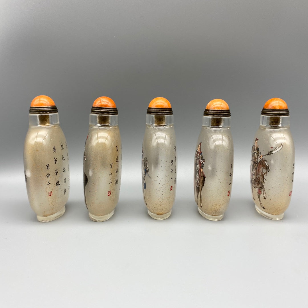 A1300 A Set Five Chinese Peking Glass Inside Painting Figure Design Snuff Bottle w Stopper