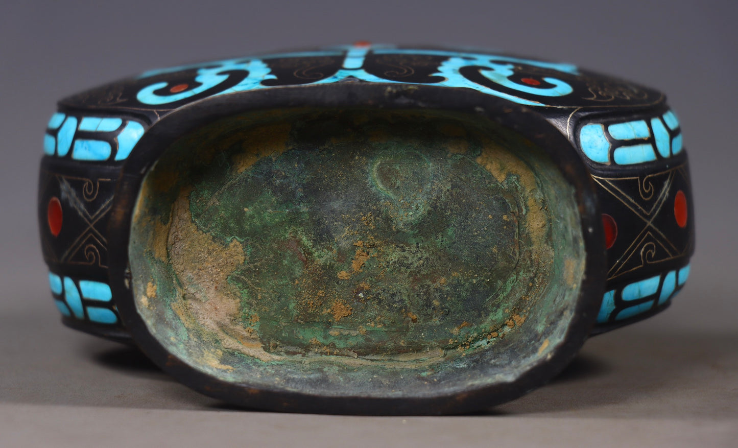 A1303 Vintage Bronze Inlay Silver Wires & Turquoise Vase