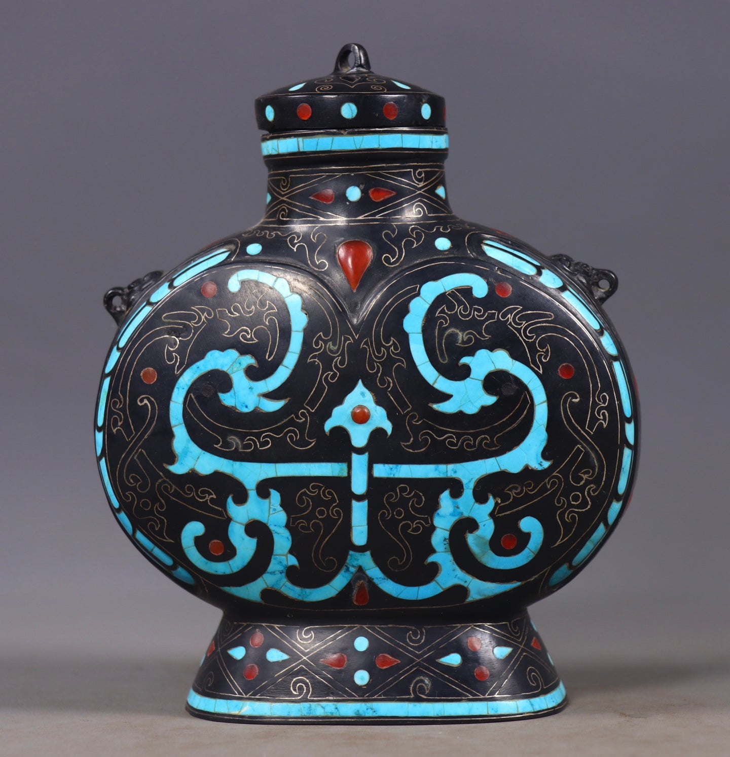 A1303 Vintage Bronze Inlay Silver Wires & Turquoise Vase