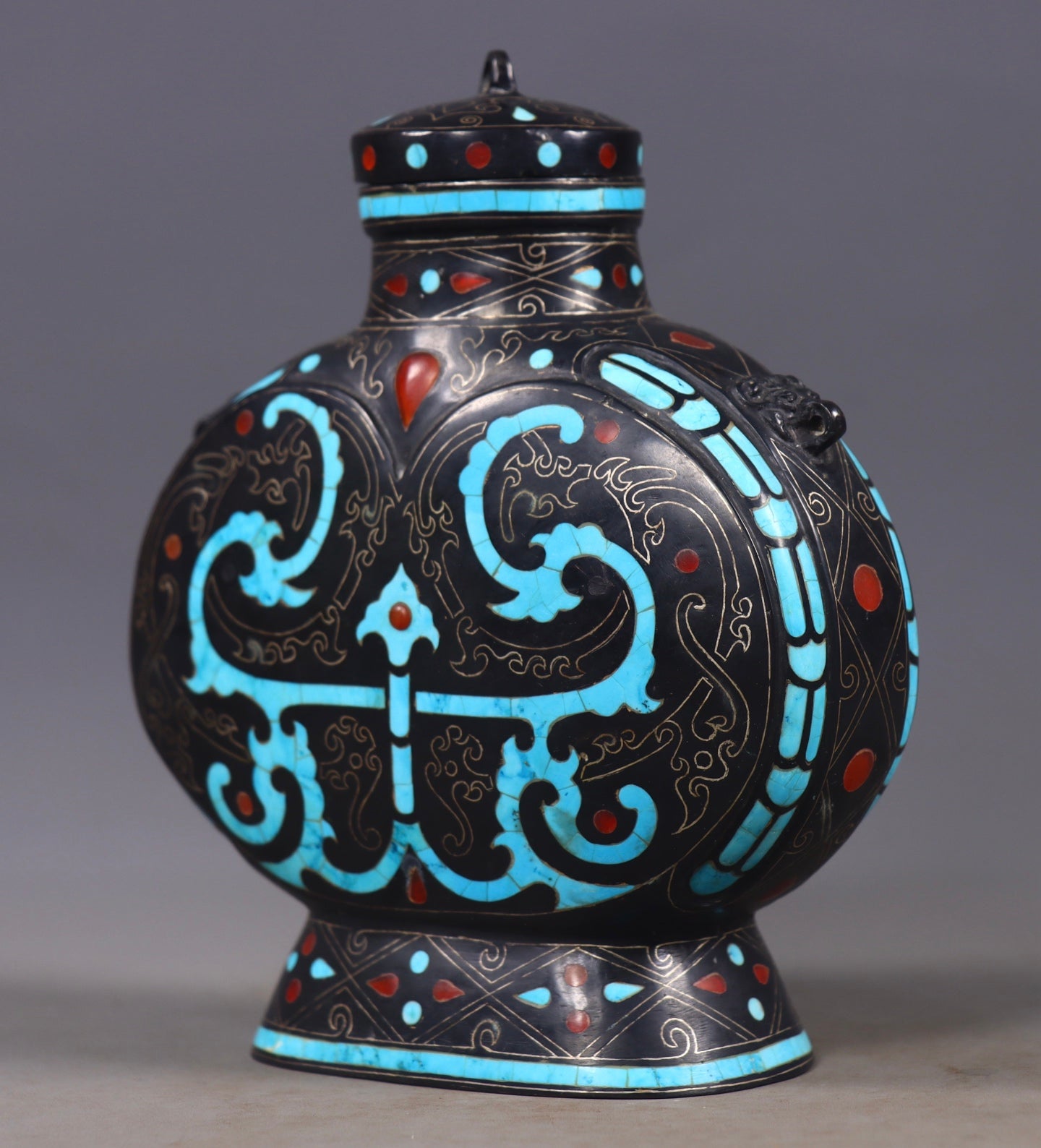 A1303 Vintage Bronze Inlay Silver Wires & Turquoise Vase
