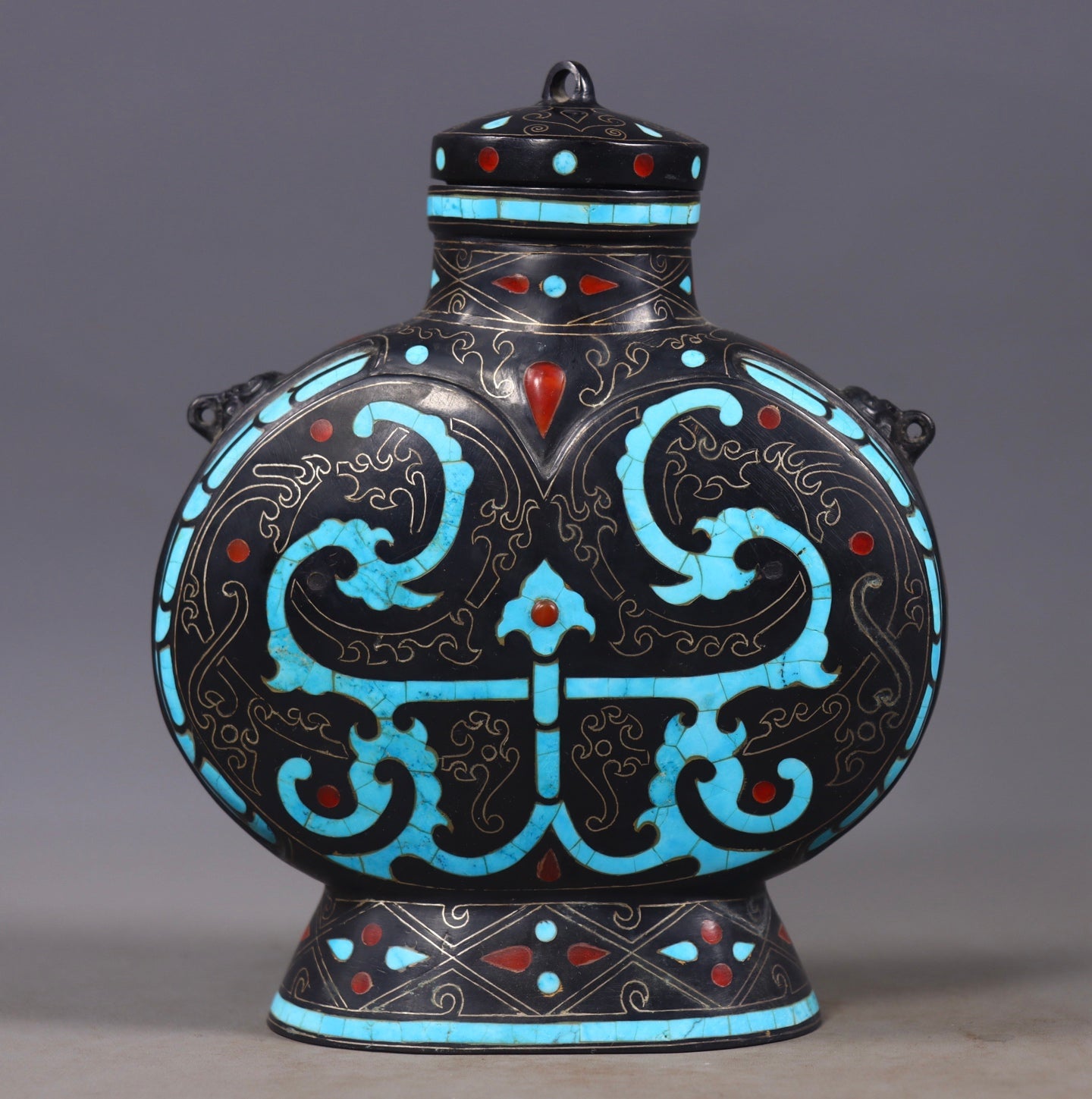 A1303 Vintage Bronze Inlay Silver Wires & Turquoise Vase
