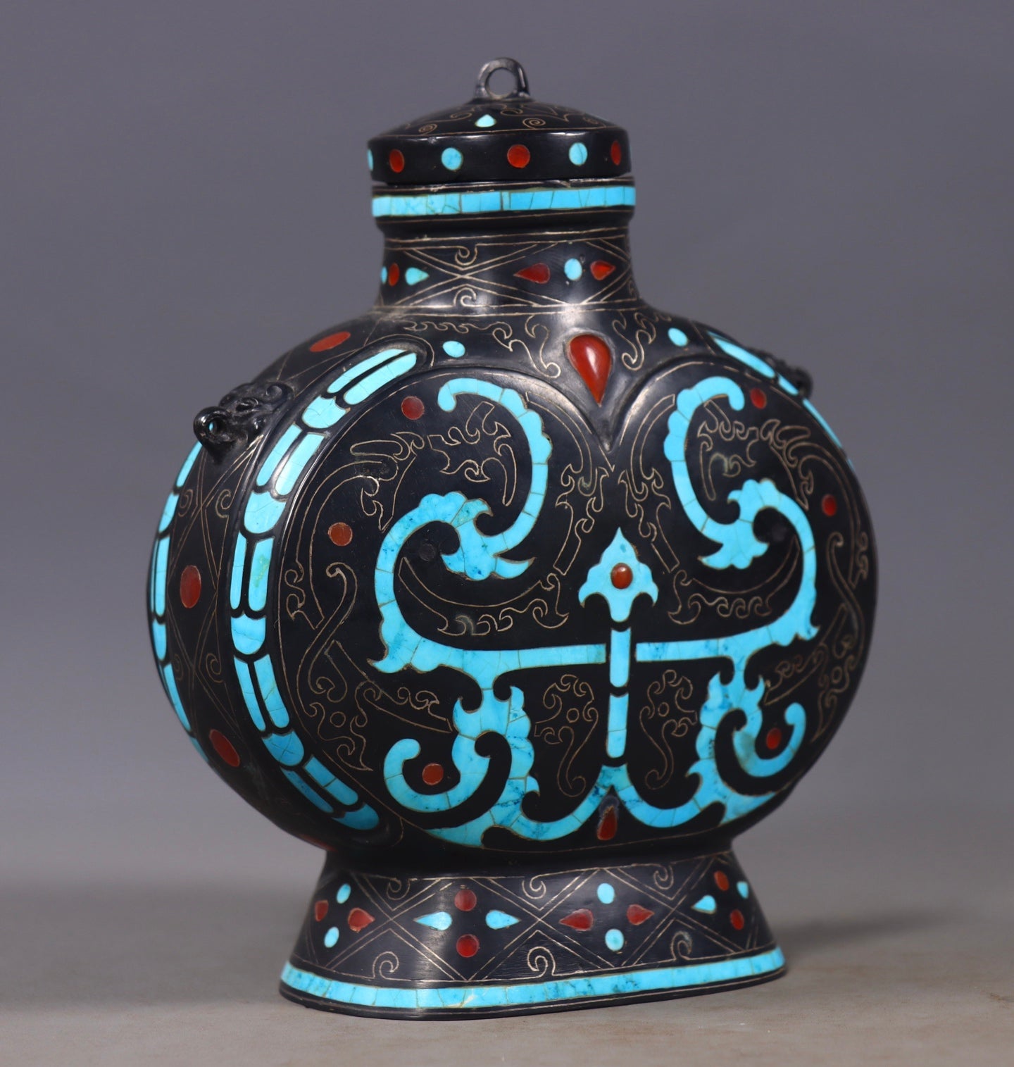 A1303 Vintage Bronze Inlay Silver Wires & Turquoise Vase