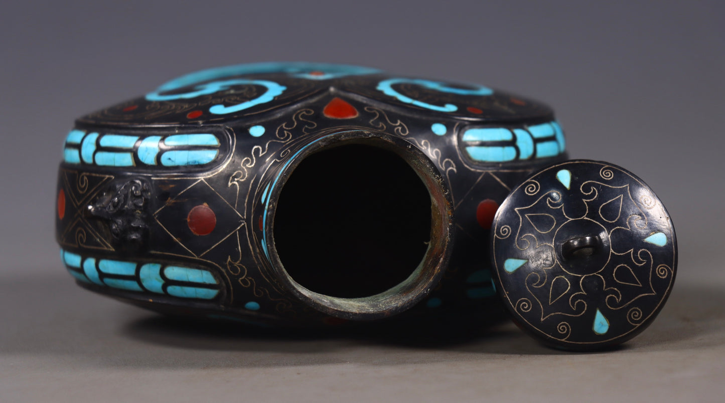 A1303 Vintage Bronze Inlay Silver Wires & Turquoise Vase