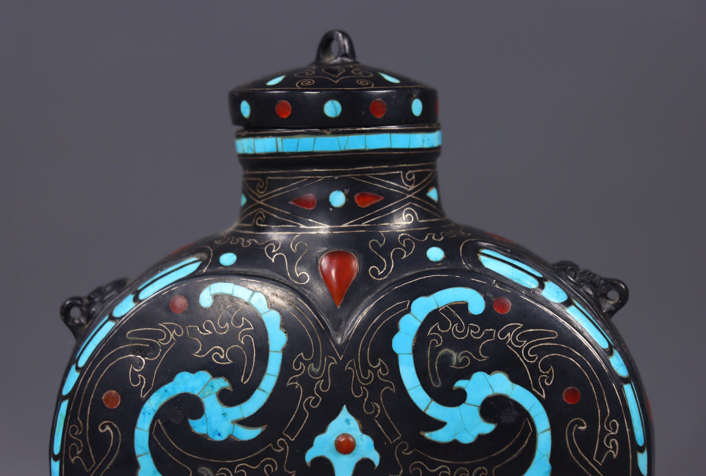 A1303 Vintage Bronze Inlay Silver Wires & Turquoise Vase