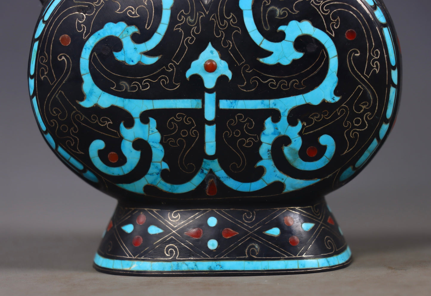 A1303 Vintage Bronze Inlay Silver Wires & Turquoise Vase
